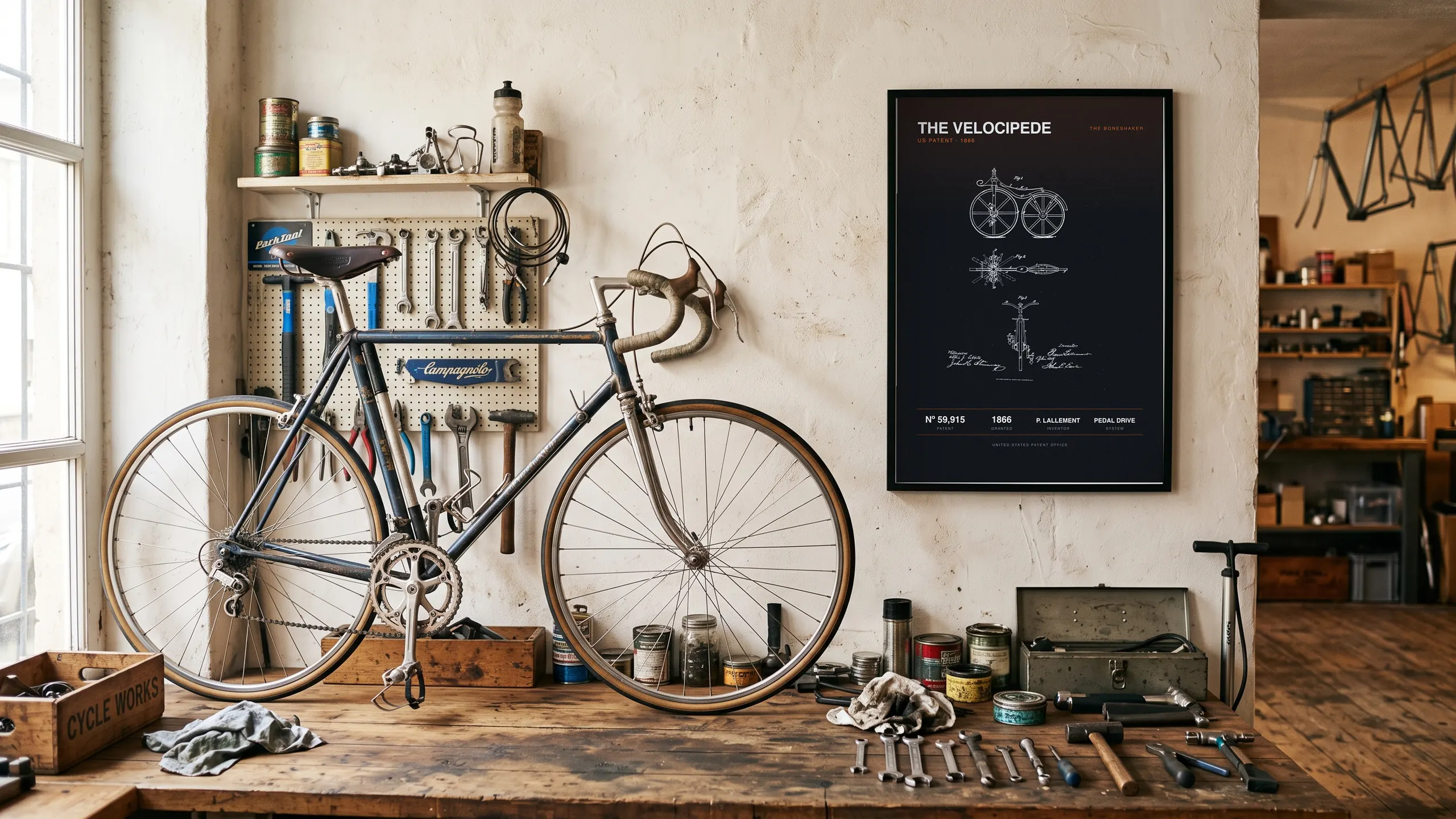 A vintage cycling patent print framed on a wall