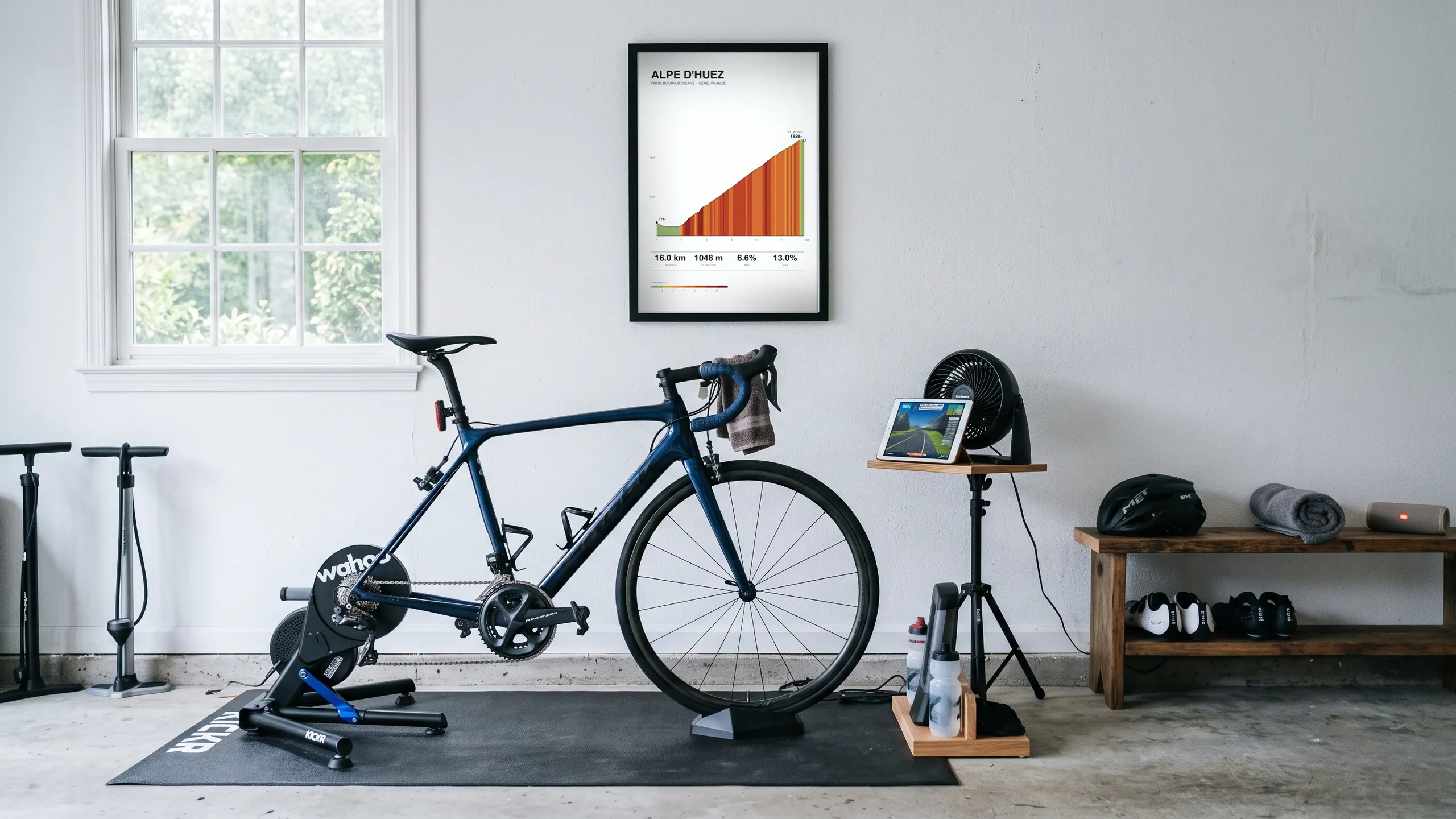 Alpe d'Huez climb profile framed in a home pain cave